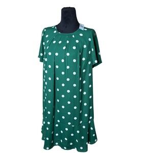 NEW Ann Taylor Dress Sz S Petite Green White Polka Dot‎ Pleated Ruffle Hem
